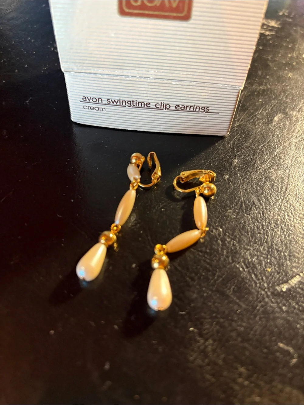 Avon Gold-Tone Drop Earrings with Cream Beads